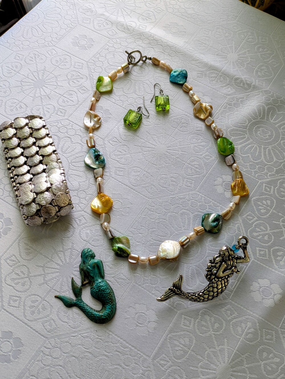 Mermaid Inspired Jewelry Bundle- Necklace, Earrings, Bracelet, Pin + More
